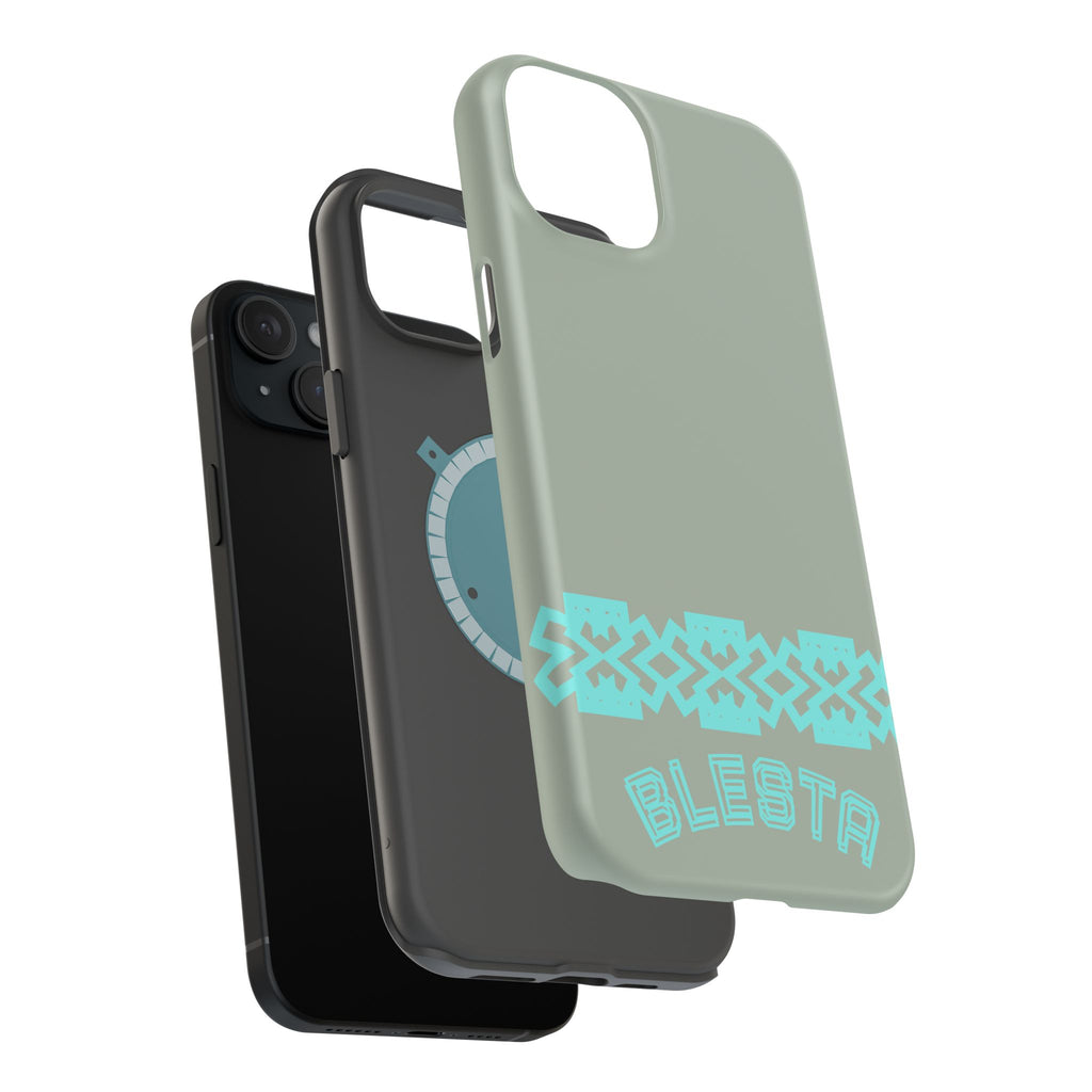 Magnetic Impact-Resistant Phone Case — Sage Green with Teal Geometric Stripe & “BLESTA” Text