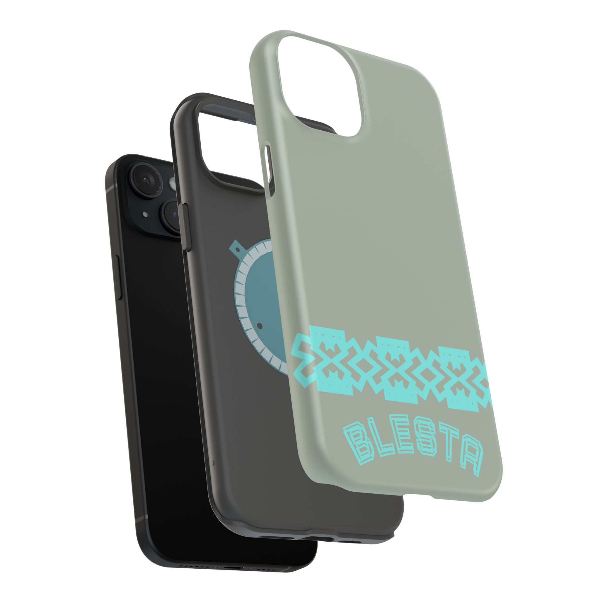 Magnetic Impact-Resistant Phone Case — Sage Green with Teal Geometric Stripe & “BLESTA” Text