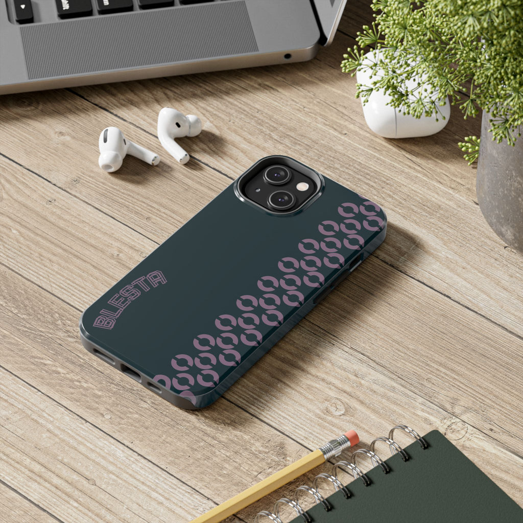 Tough Phone Case — Sleek Dark Teal with Geometric Stripe & “BLESTA” Accent