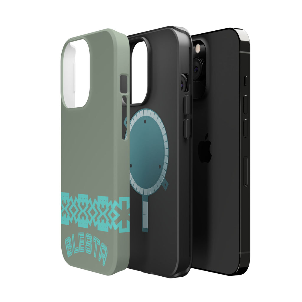 Magnetic Impact-Resistant Phone Case — Sage Green with Teal Geometric Stripe & “BLESTA” Text
