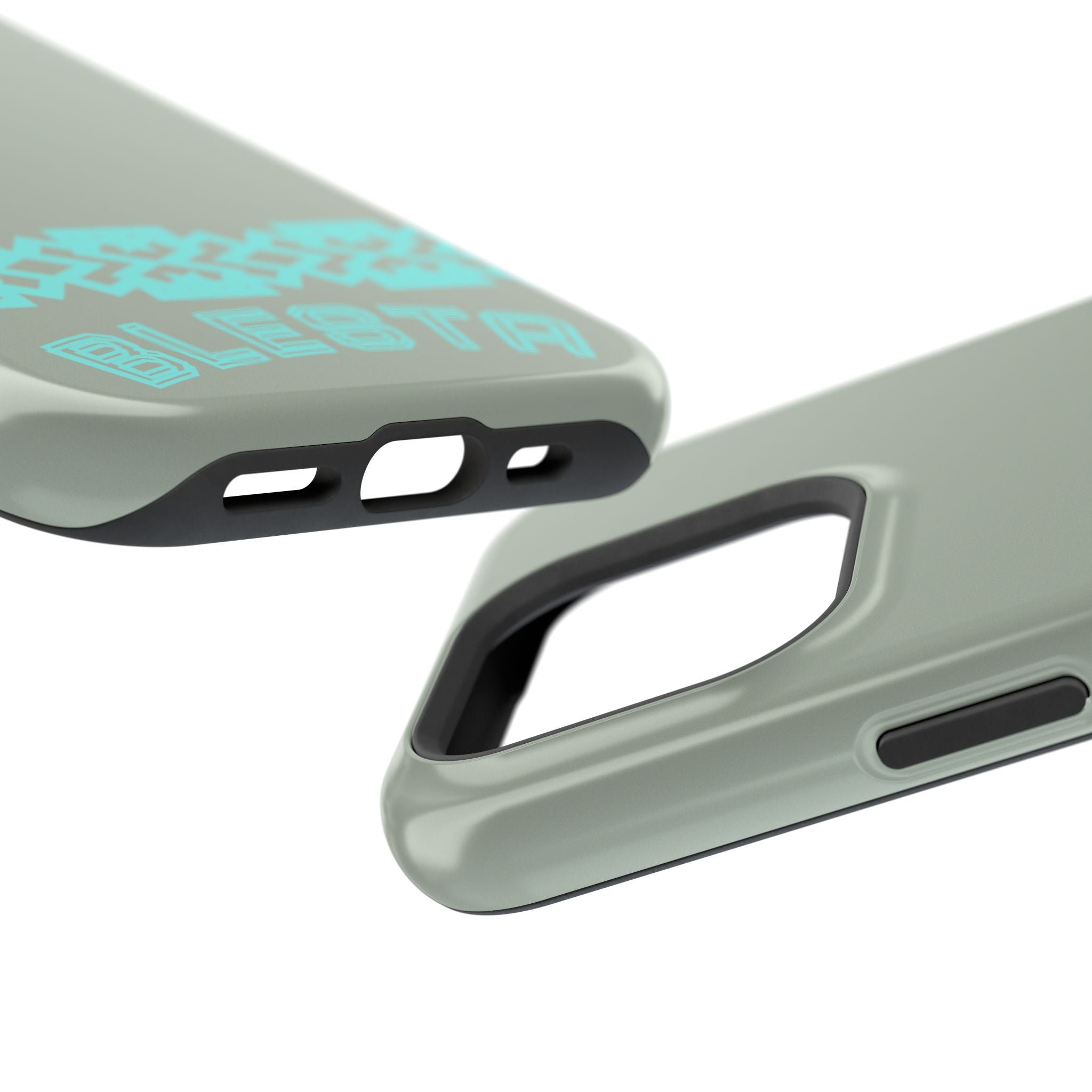 Magnetic Impact-Resistant Phone Case — Sage Green with Teal Geometric Stripe & “BLESTA” Text