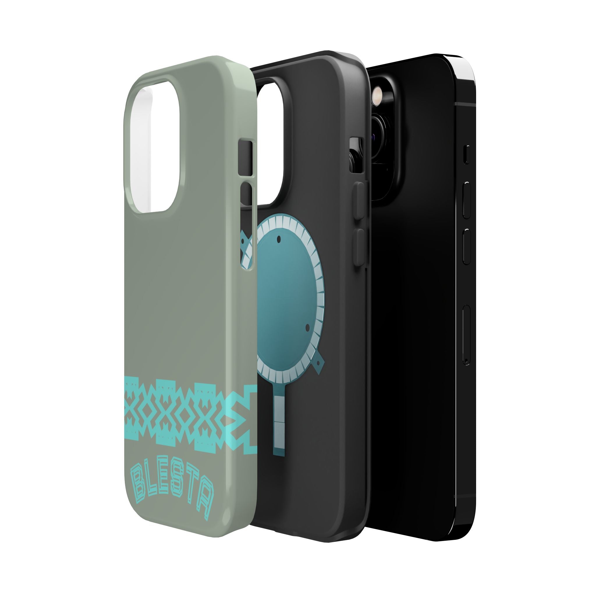 Magnetic Impact-Resistant Phone Case — Sage Green with Teal Geometric Stripe & “BLESTA” Text