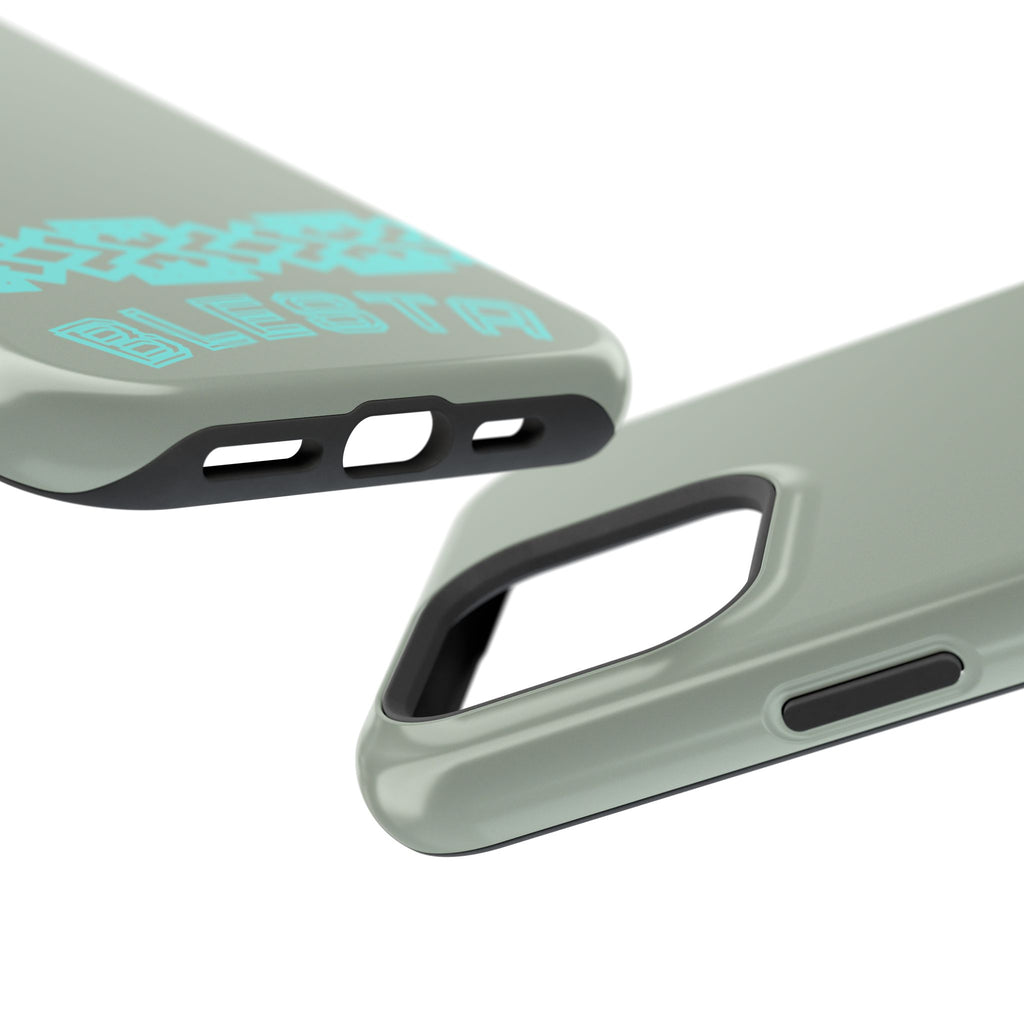 Magnetic Impact-Resistant Phone Case — Sage Green with Teal Geometric Stripe & “BLESTA” Text
