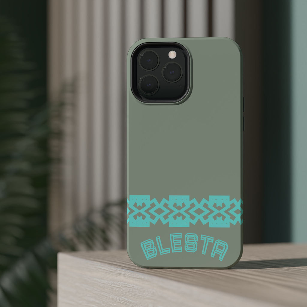 Magnetic Impact-Resistant Phone Case — Sage Green with Teal Geometric Stripe & “BLESTA” Text