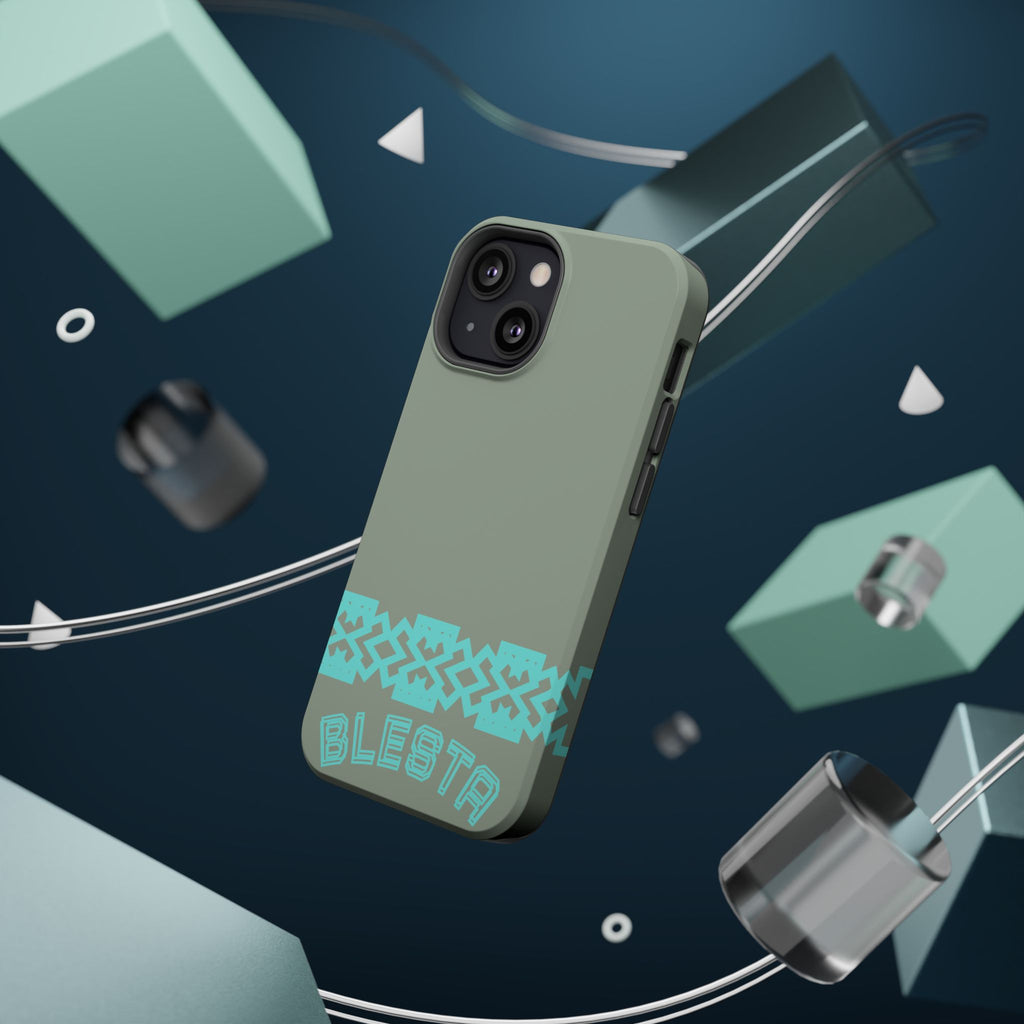 Magnetic Impact-Resistant Phone Case — Sage Green with Teal Geometric Stripe & “BLESTA” Text