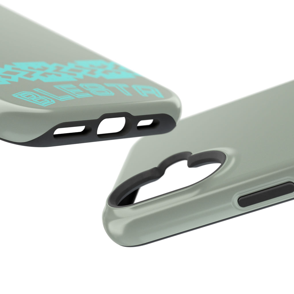 Magnetic Impact-Resistant Phone Case — Sage Green with Teal Geometric Stripe & “BLESTA” Text
