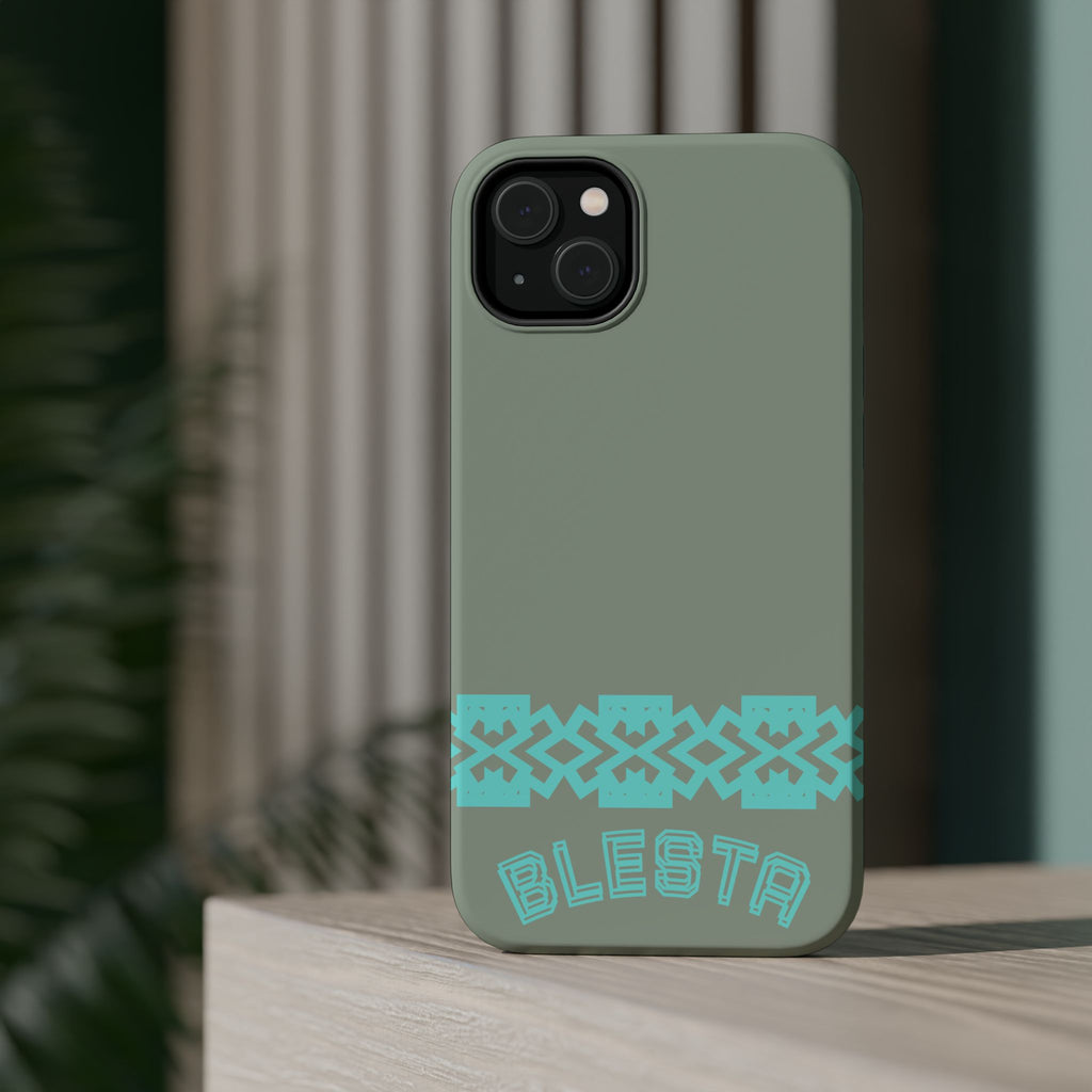 Magnetic Impact-Resistant Phone Case — Sage Green with Teal Geometric Stripe & “BLESTA” Text