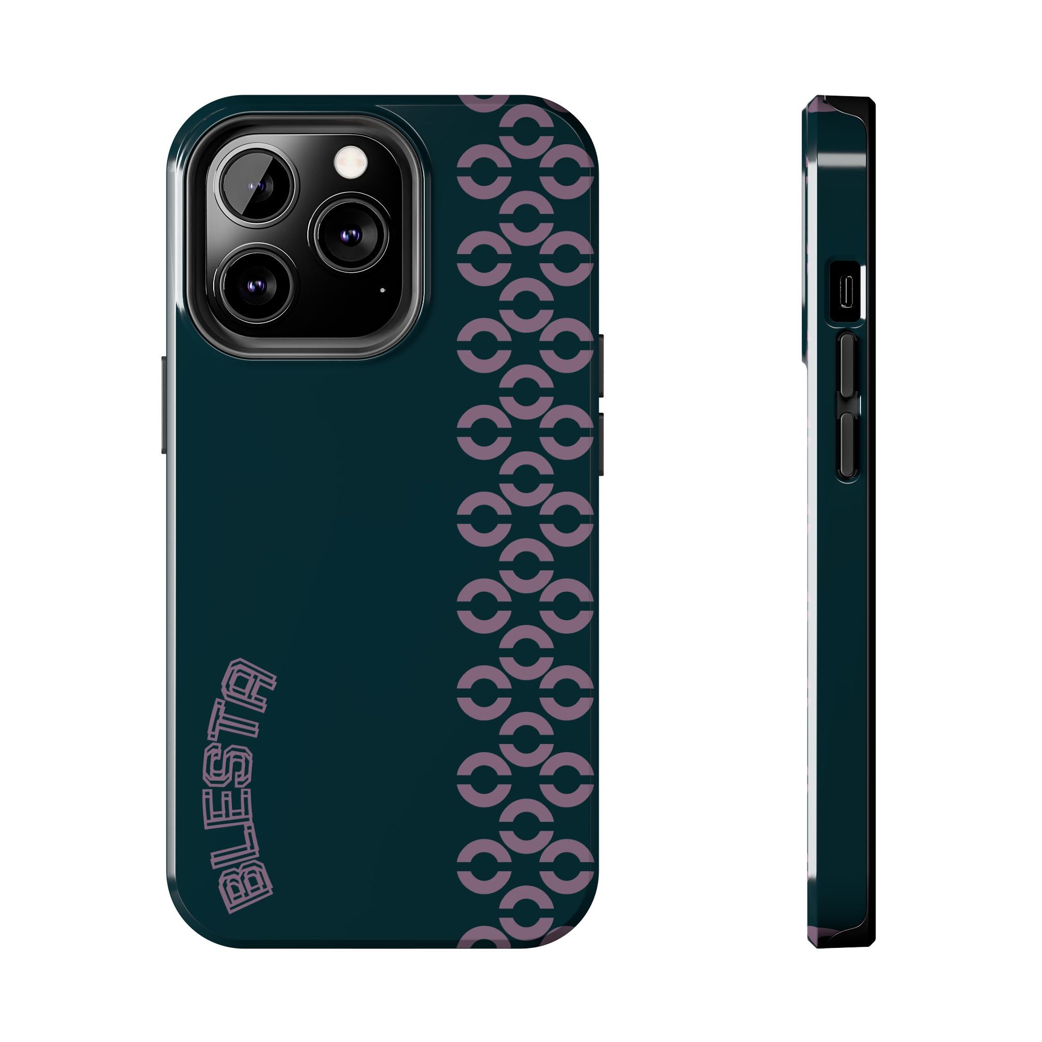 Tough Phone Case — Sleek Dark Teal with Geometric Stripe & “BLESTA” Accent