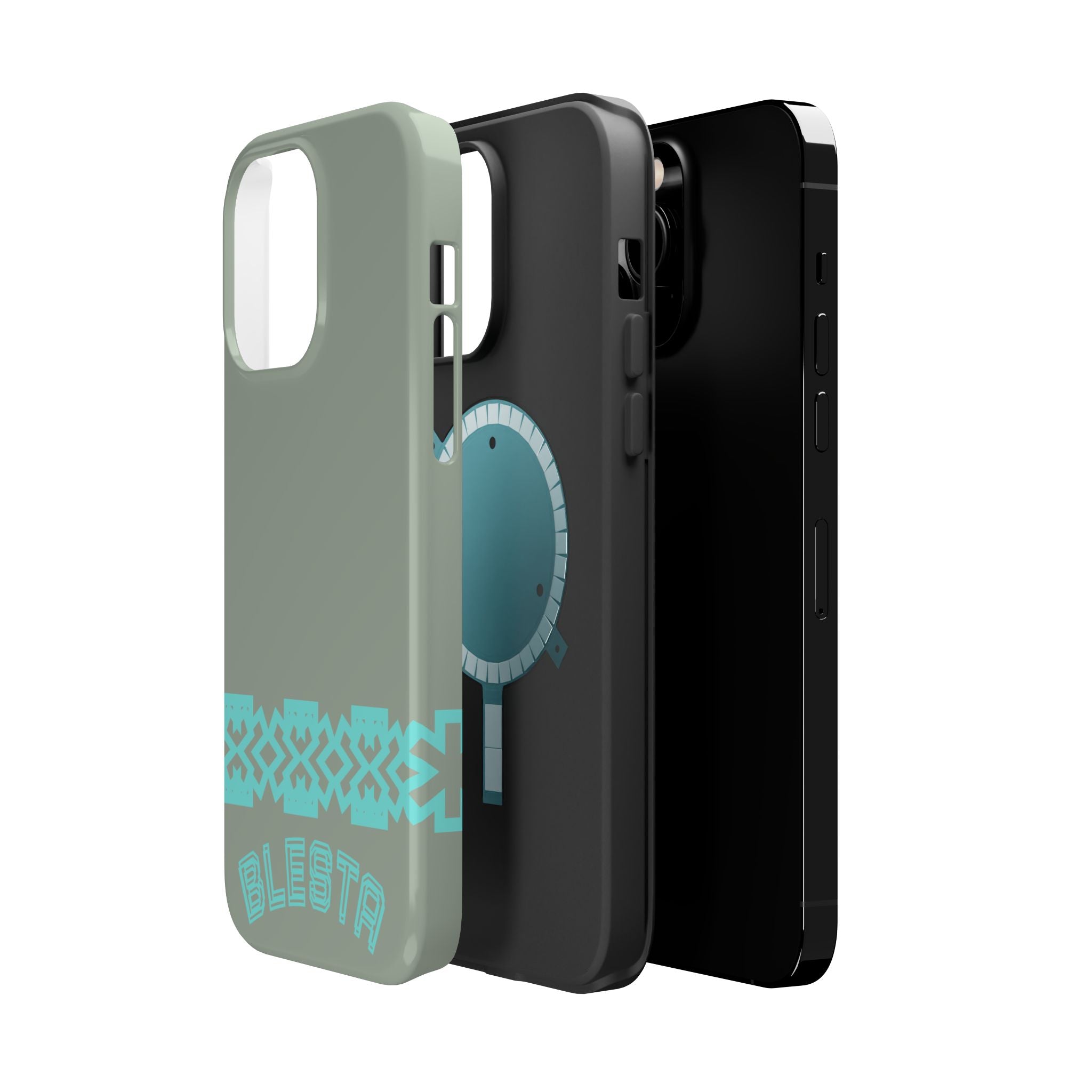 Magnetic Impact-Resistant Phone Case — Sage Green with Teal Geometric Stripe & “BLESTA” Text