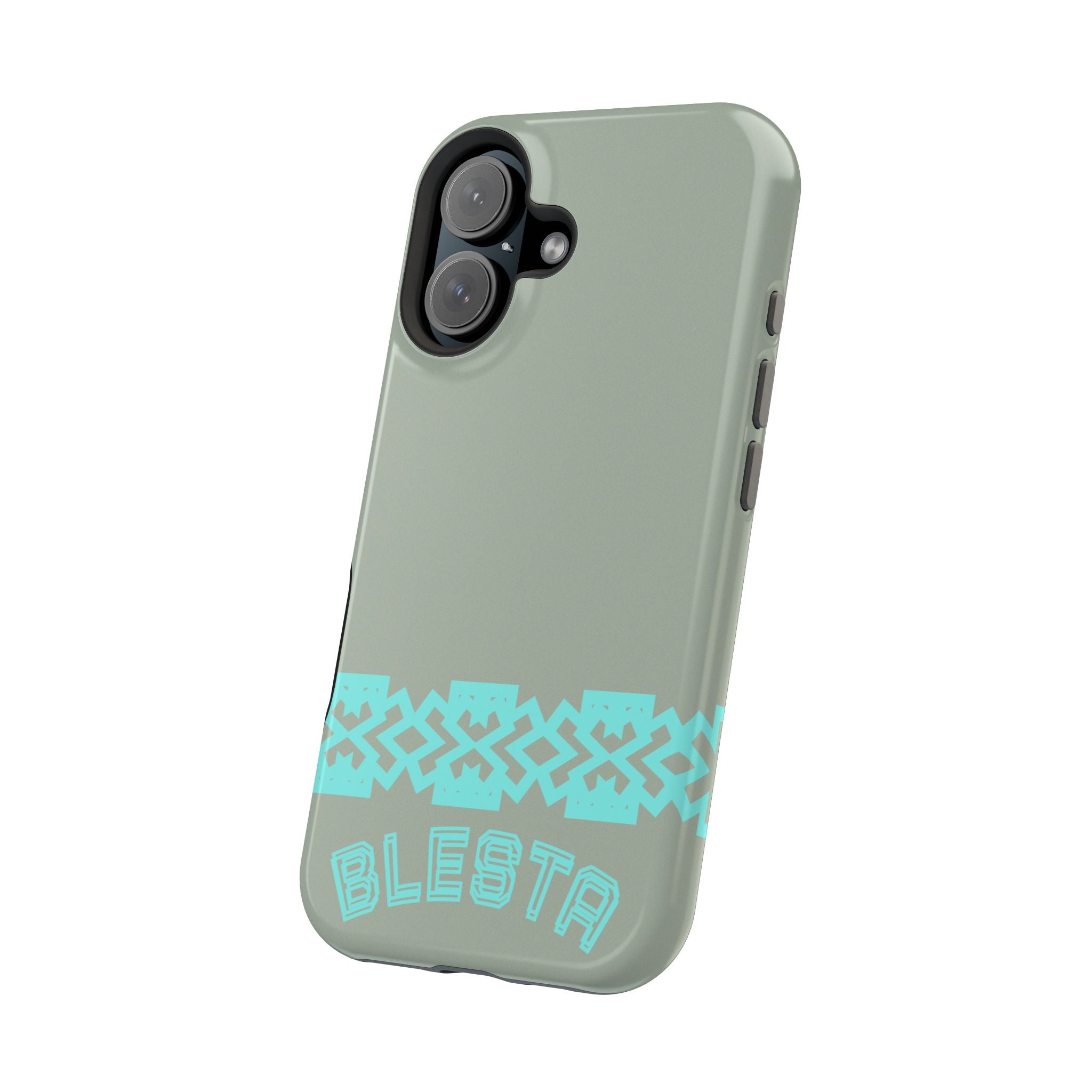 Magnetic Impact-Resistant Phone Case — Sage Green with Teal Geometric Stripe & “BLESTA” Text