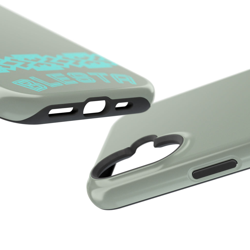 Magnetic Impact-Resistant Phone Case — Sage Green with Teal Geometric Stripe & “BLESTA” Text