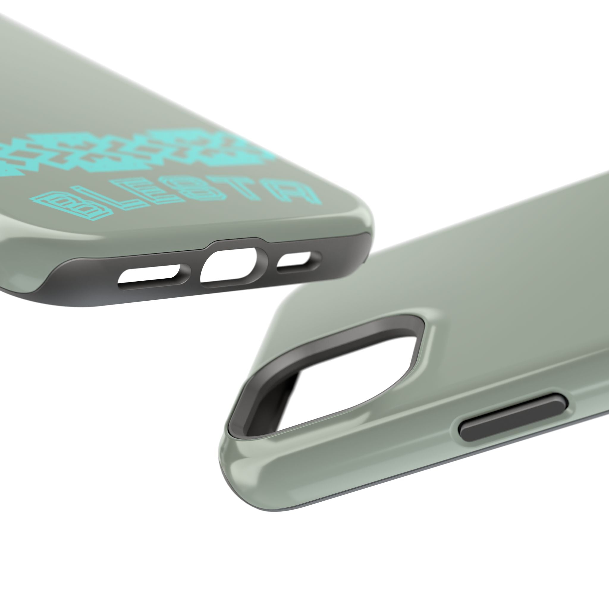 Magnetic Impact-Resistant Phone Case — Sage Green with Teal Geometric Stripe & “BLESTA” Text