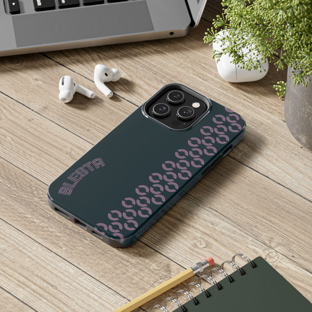 Tough Phone Case — Sleek Dark Teal with Geometric Stripe & “BLESTA” Accent